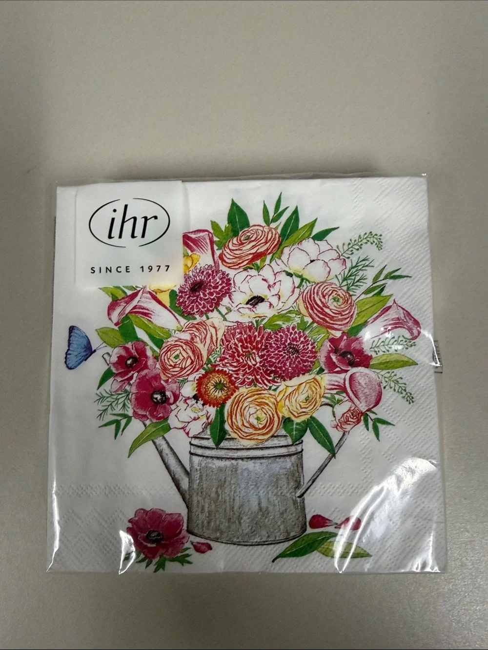 ihr White Pink Yellow Green Watering Can Floral Bouquet Napkins x 4 packs